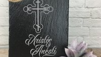 Khristos Anesti / Xristos Anesti Chris has Risen Greek Orthodox Easter Hanging Slate w Natural Edges Laser Engraved Lord Jesus Resurrection