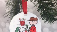 Snoopy & Charlie Brown with Christmas Tree Woodstock on the back Peanuts Inspired Aluminum Ornament w Red Ribbon Hanger -Personalize Holiday