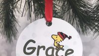 Snoopy & Charlie Brown with Christmas Tree Woodstock on the back Peanuts Inspired Aluminum Ornament w Red Ribbon Hanger -Personalize Holiday
