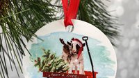 Baby Goats in a Wagon Christmas Aluminum Ornament with Red Ribbon Hanger - Red Wagon, Rustic, Farm, Wood, Tree, Personalized