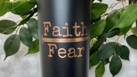 Faith Over Fear 22oz Skinny or 20oz Stainless Steel Tumbler (Travel Mug) Laser Engraved  Coffee or Tea Lover Christian Reminder Jesus Nail