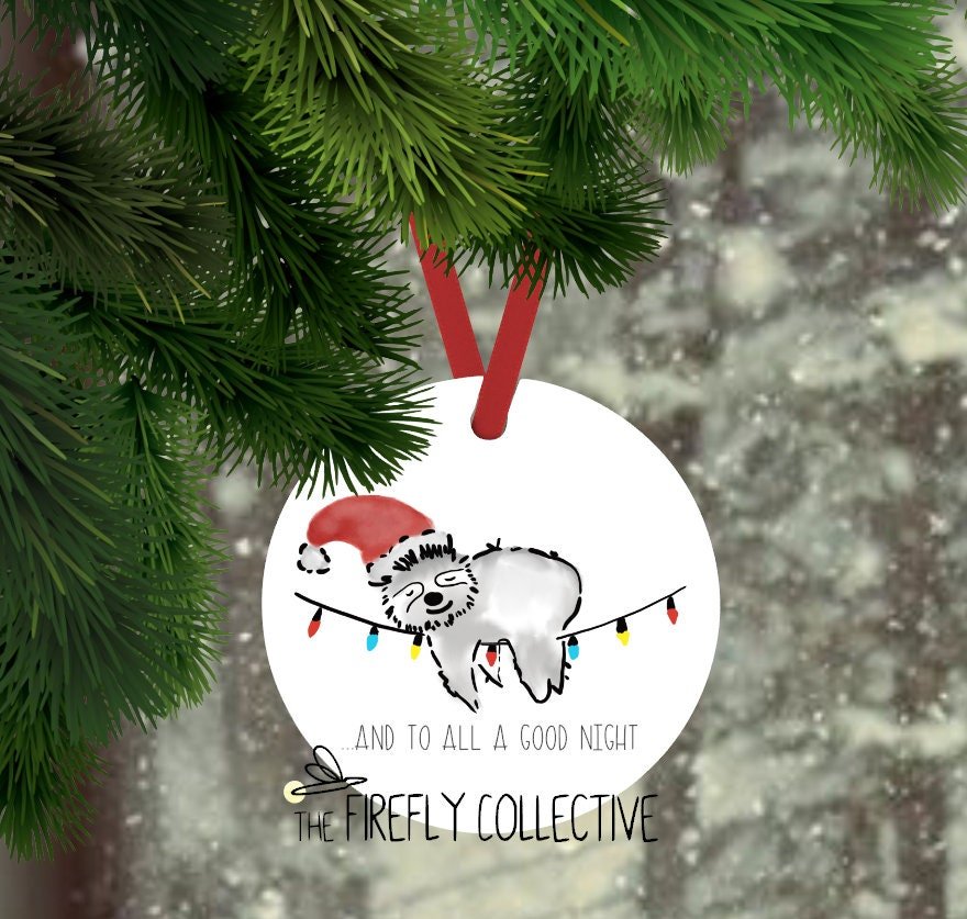 Sloth Christmas Aluminum 2.75" -   Ornament with Red Ribbon Hanger - And to All a Good Night Santa Hat, Christmas Lights