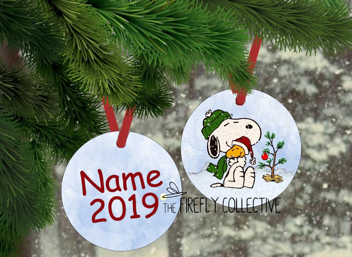 Cartoon Dog with Bird Friend Christmas Tree Peanuts Inspired Aluminum Ornament w Red Ribbon Hanger - Personalize Holiday Snow