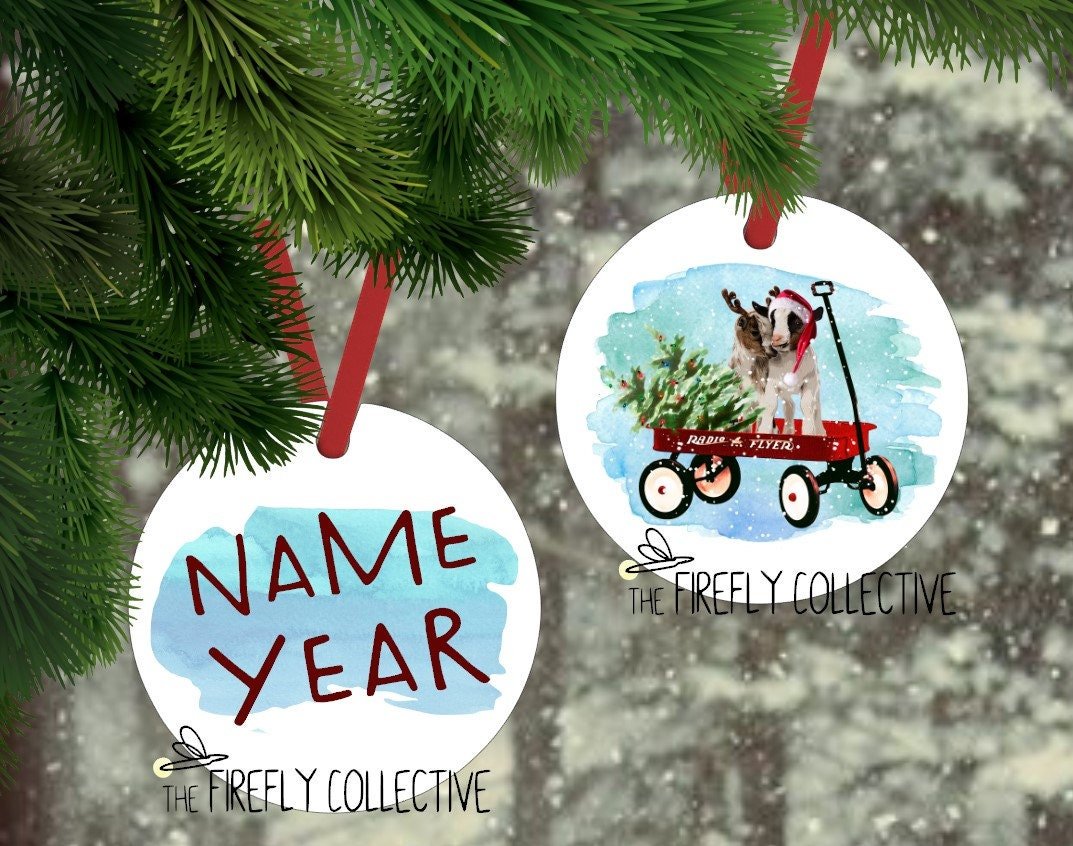 Baby Goats in a Wagon Christmas Aluminum Ornament with Red Ribbon Hanger - Red Wagon, Rustic, Farm, Wood, Tree, Personalized