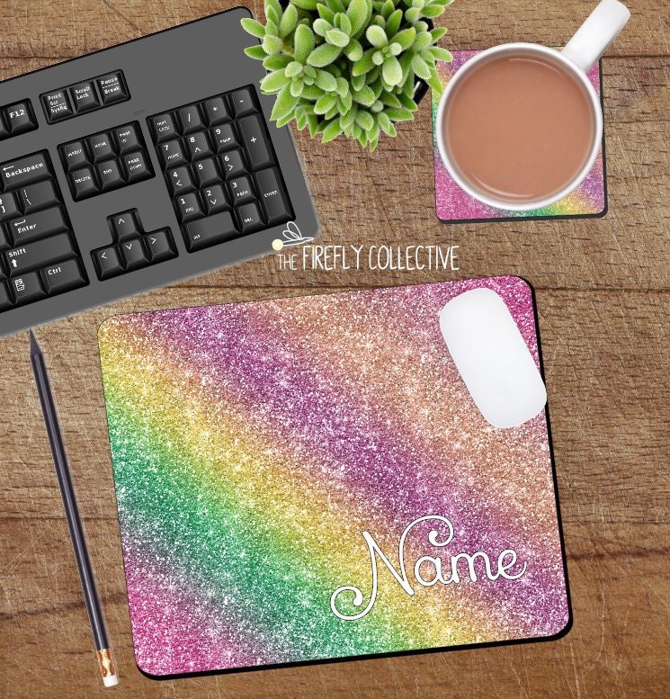 Glitter Rainbow Personalized Mouse Pad with - Create a Desk Set by Adding a Coaster - Sparkles, Feminine, Girly, Work from Home, Desk Pretty