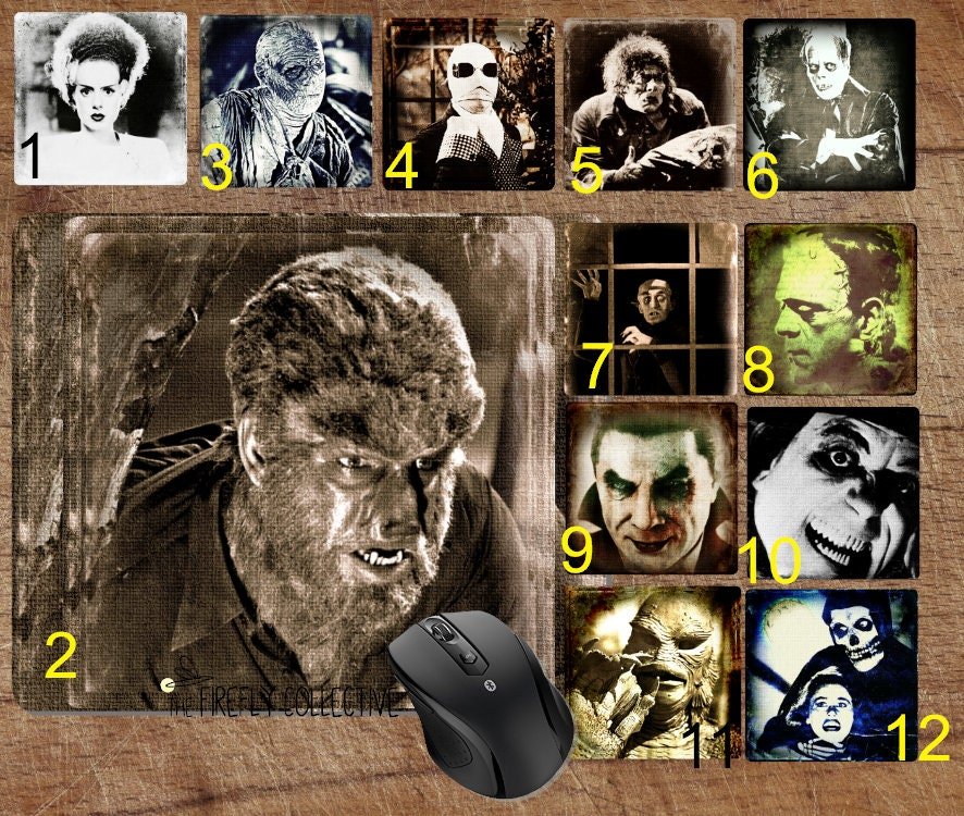 Classic Horror Monster Movie Icons Mouse Pad - Add Coaster for Desk Set - Frankenstein, Bride of, Mummy, Dracula, Werewolf, Phantom