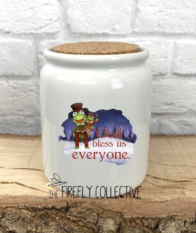 Muppet Christmas Carol Kermit the Frog God Bless Us Everyone Ceramic Sublimated Treat Jar with Cork Lid - Christmas Gift