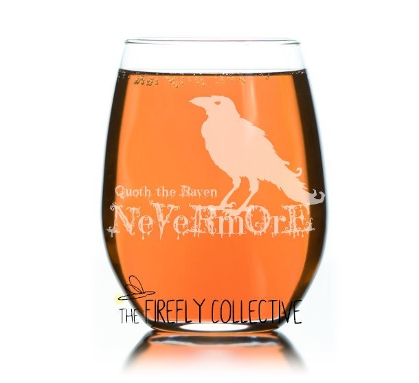 Quoth the Raven Nevermore Poe Inspired Laser Etched onto a Stemless Wine Glass or Tumbler with Lid - Classic Literature, Bibliophile, Poetry