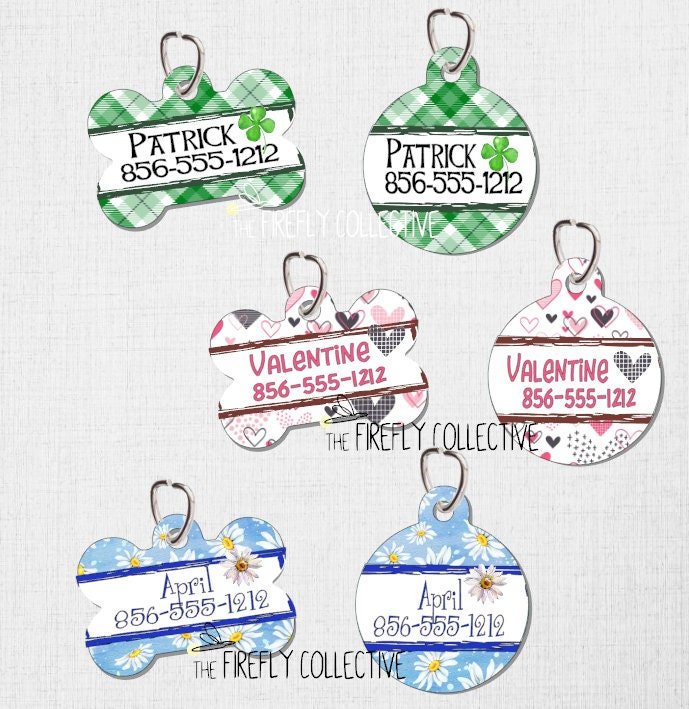Seasonal Pet Tags - Valentine's Day Hearts, St. Patrick's Day Shamrocks, Spring Daisy - Personalized, Customized, Dog Tags, Cat Tags, ID Tag