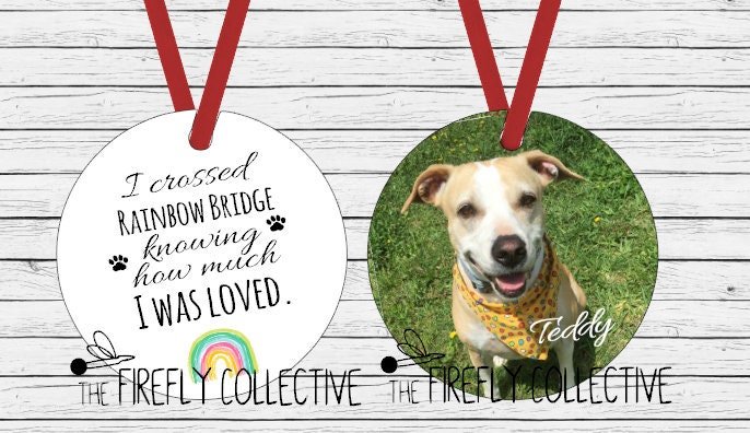 I Crossed Rainbow Bridge Knowing How Much I was Loved Pet Memorial with Photo Aluminum Christmas Ornament w Red Ribbon Hanger - Dog, Cat
