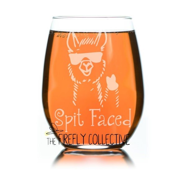 Spit Faced or Spit Happens Snarky Llama Laser Engraved Stemless Wine Tumbler with Lid or Glass  - Cool, Sunglasses, Peace, No Drama