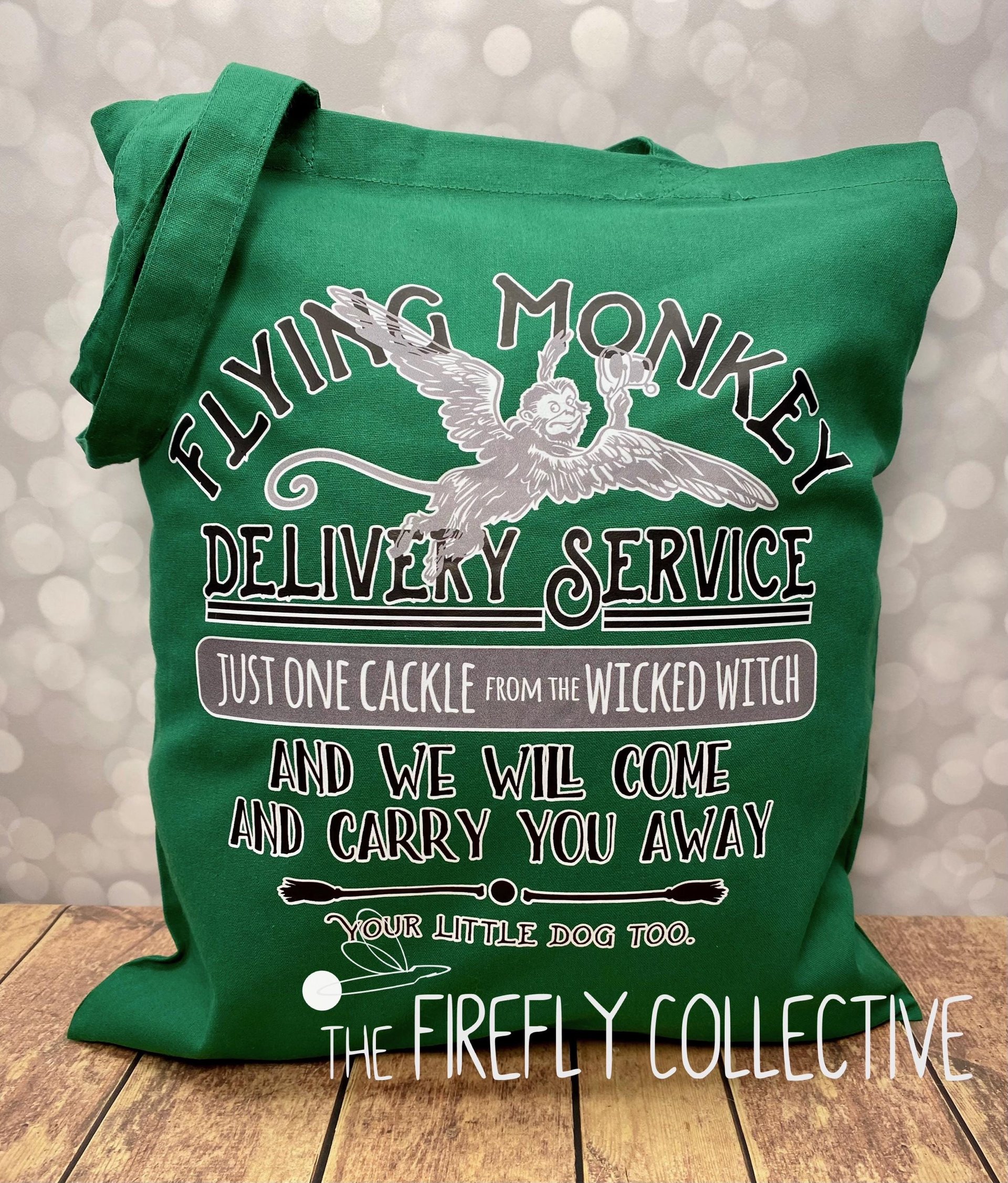 Quick Ship - Flying Monkey Delivery Service Wizard of Oz Inspired Light Weight Color Tote Bag - Wicked Witch, Little Dog, Carry You Away