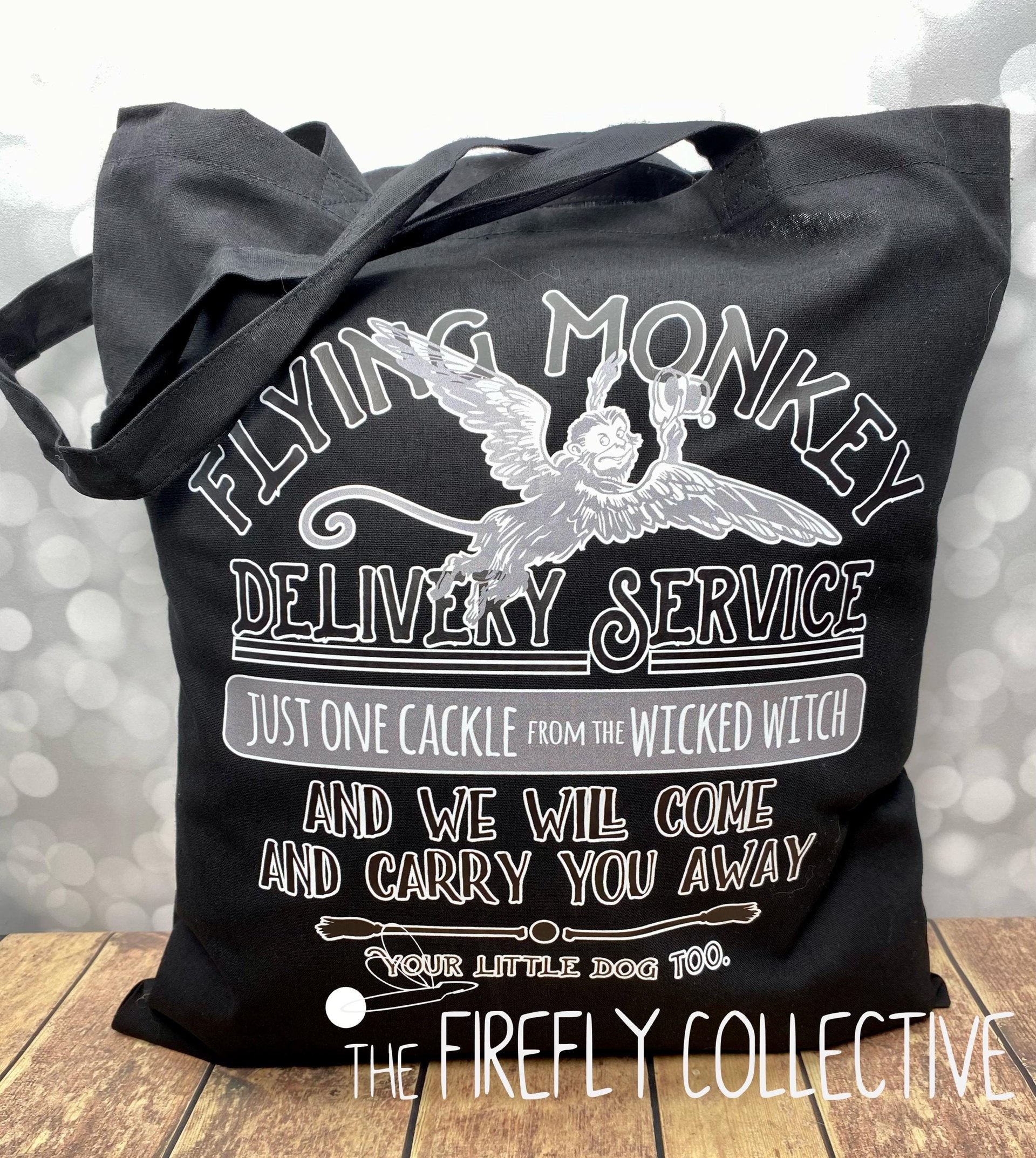 Quick Ship - Flying Monkey Delivery Service Wizard of Oz Inspired Light Weight Color Tote Bag - Wicked Witch, Little Dog, Carry You Away