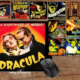 Classic Horror Monsters Mouse Pad - Add Coaster for Desk Set - Frankenstein, Bride of Frankenstein, Mummy, the Raven, Dracula, Werewolf
