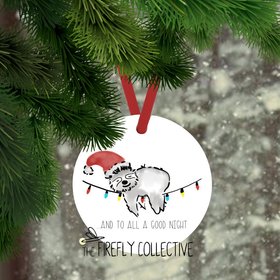 Sloth Christmas Aluminum 2.75" -   Ornament with Red Ribbon Hanger - And to All a Good Night Santa Hat, Christmas Lights