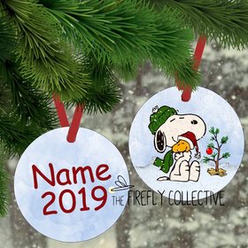 Cartoon Dog with Bird Friend Christmas Tree Peanuts Inspired Aluminum Ornament w Red Ribbon Hanger - Personalize Holiday Snow