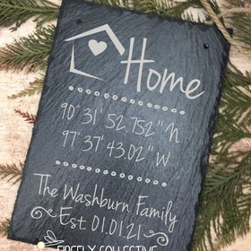 Personalized Home with GPS Coordinates Laser Engraved Natural Edged Slate - House Warming, Gift, Wedding, First Home, Family, Customized