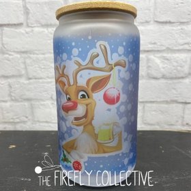 Happy Reindeer with Beer Mug Sublimated 16 oz Frosted Beer Glass Style Tumbler w Bamboo Lid & Straw - Lantern Option
