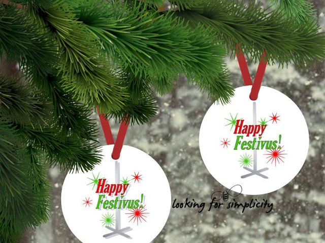 Happy Festivus with Pole Christmas Aluminum   Ornament with Red Ribbon Hanger - Seinfeld, Festivus for the Rest of Us, Feats of Strength