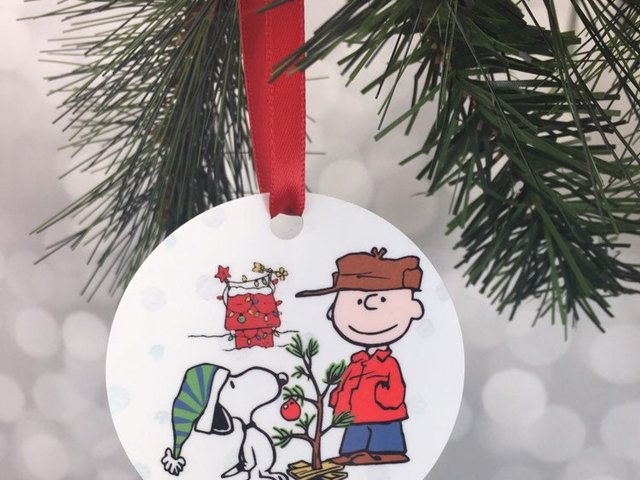 Snoopy & Charlie Brown with Christmas Tree Woodstock on the back Peanuts Inspired Aluminum Ornament w Red Ribbon Hanger -Personalize Holiday