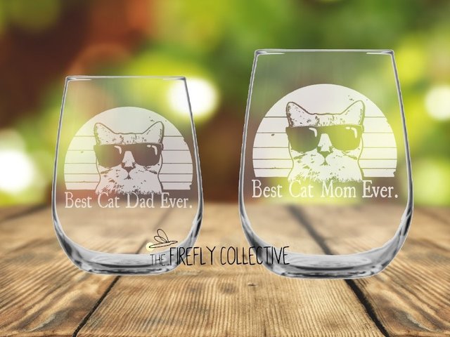 Best Cat Dad / Mom Ever Laser Etched onto a Stemless Wine Glass or Tumbler with Lid -Dad Gift, Mom Gift, Cat Dad, Cat Mom, Pet Parent, Lover