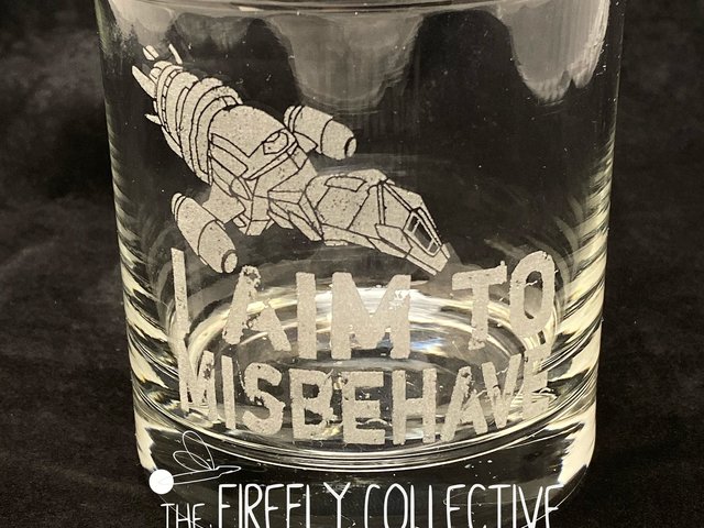 I Aim to Misbehave Firefly Serenity Inspired Laser Engraved Old Fashion/ Whiskey/ Rocks Glass - Browncoats, Capt Mal Reynolds, Scifi, Space