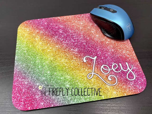 Glitter Rainbow Personalized Mouse Pad with - Create a Desk Set by Adding a Coaster - Sparkles, Feminine, Girly, Work from Home, Desk Pretty