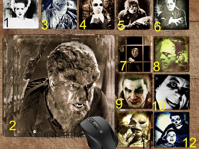 Classic Horror Monster Movie Icons Mouse Pad - Add Coaster for Desk Set - Frankenstein, Bride of, Mummy, Dracula, Werewolf, Phantom