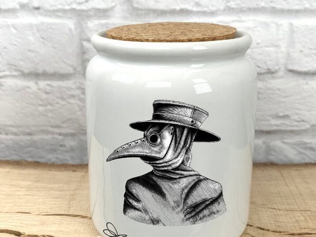 Plague Doctor in Bird Mask Ceramic Sublimated Treat Jar with Cork Lid - Victorian, Etching