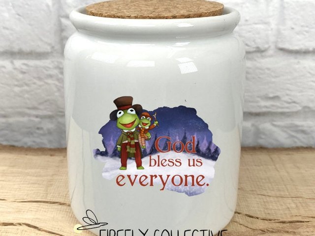 Muppet Christmas Carol Kermit the Frog God Bless Us Everyone Ceramic Sublimated Treat Jar with Cork Lid - Christmas Gift