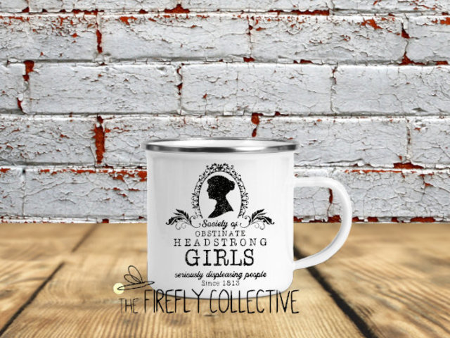 Society of Headstrong Obstinate Girls Jane Austen Inspired Camp Mug 12oz Mug - Tin, Enamel, Feminine, Bibliophile, Book Lover, Strong Women