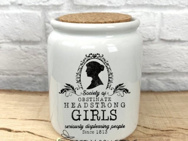 Society of Headstrong Obstinate Girls Jane Austen Inspired Ceramic Sublimated Treat Jar with Cork Lid - Feminine, Girl Power, Strong Women
