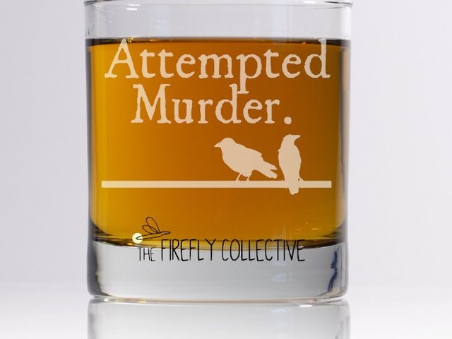 Attempted Murder (of Crows) Laser Engraved 10 oz Old Fashion/ Whiskey/ Rocks Glass - Play on Words, Bibliophile