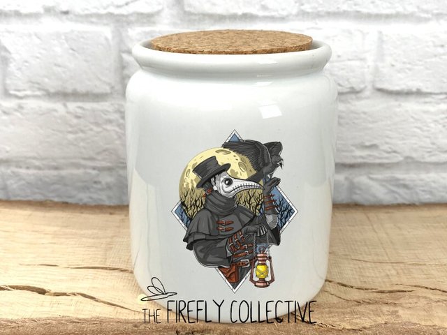 Plague Doctor with Raven & Full Moon Ceramic Sublimated Treat Jar with Cork Lid - Halloween, Bird Mask, Steam Punk, Gothic