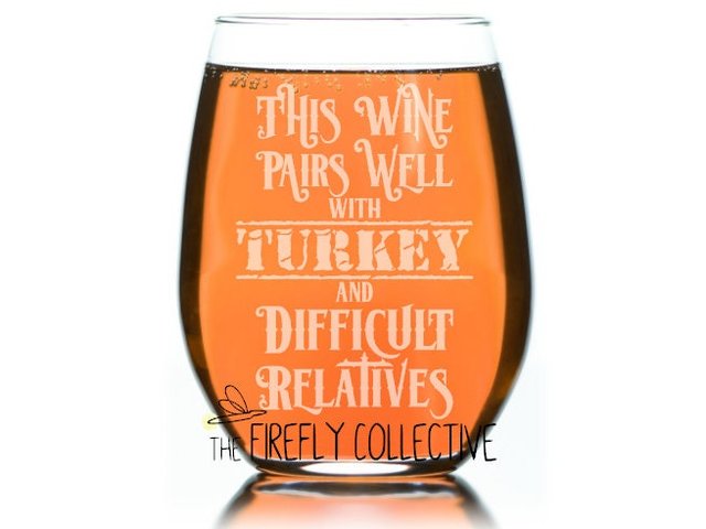 This Wine Pairs Well with Turkey and Difficult Relatives Laser Etched Stemless Wine Glass or Tumbler with Lid - Thanksgiving, Holidays