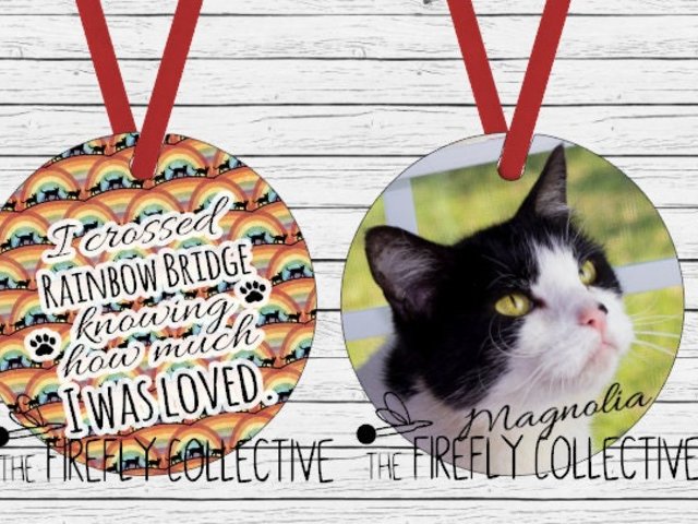 I Crossed Rainbow Bridge Knowing How Much I was Loved Pet Memorial with Photo Aluminum Ornament (Rainbow Background)- Dog, Cat