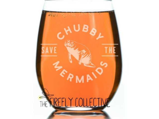 Save the Chubby Mermaids (Manatee) Laser Engraved Stemless Wine Tumbler with Lid or Glass - Nautical, Ocean, Sea Cow, Marine Life